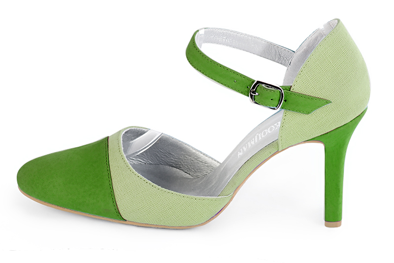 Grass green women's open side shoes, with an instep strap. Round toe. Very high slim heel. Profile view - Florence KOOIJMAN